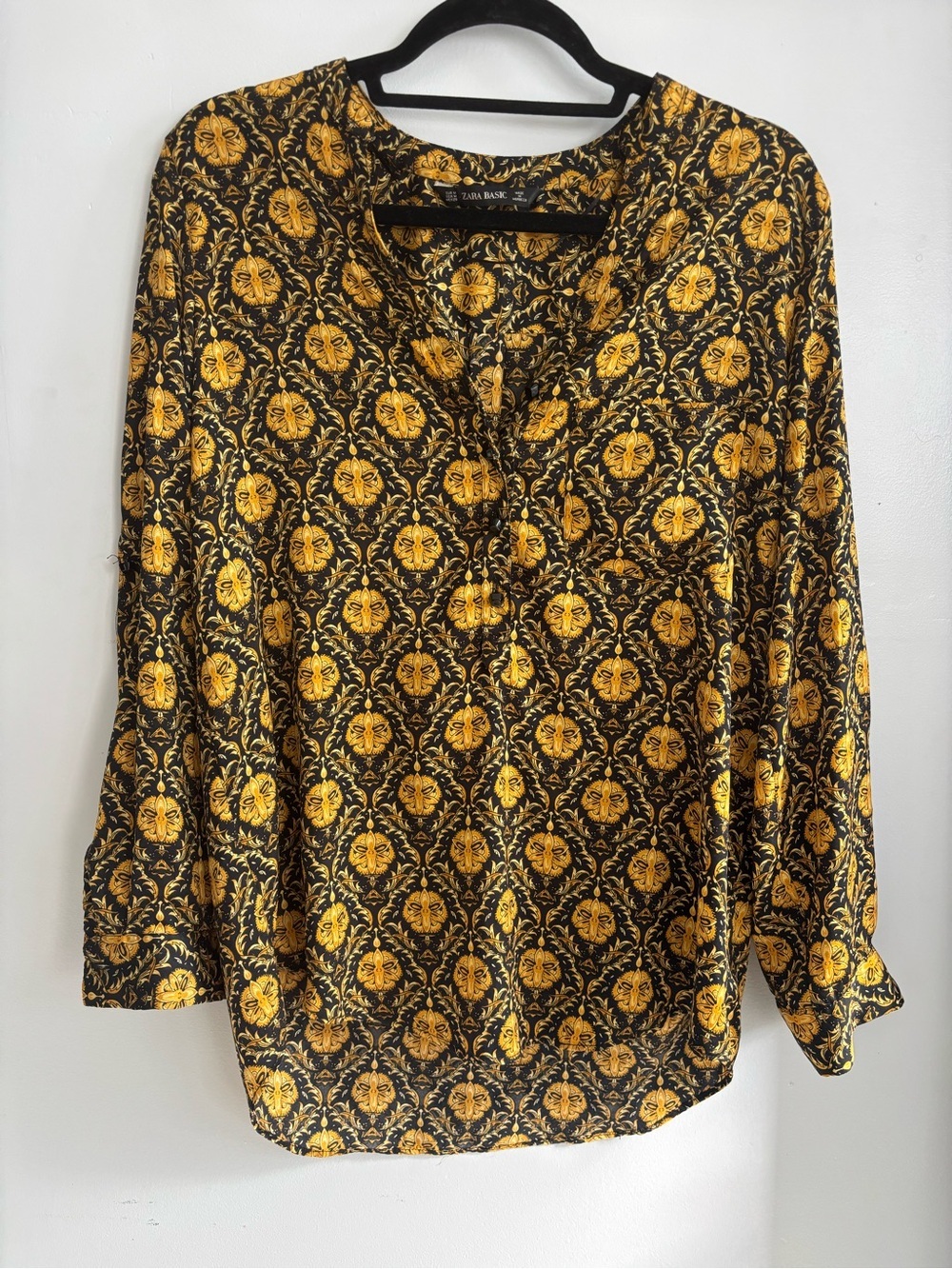 Zara Floral Black and Mustard Yellow V-Neck Blouse